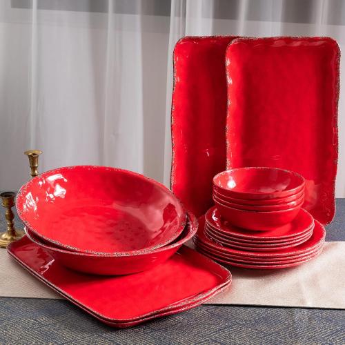 Set of 2 Color Red Christmas Large Melamine Serving Tray with Handle, Crackled Rustic Rectangle Melamine Serving Platter for Serving Food, Coffee Table Tray, Entertaining & Party Use, Set of 2, Christmas Red