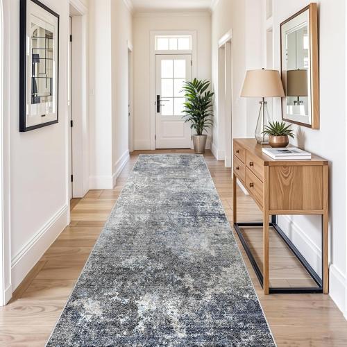 4x10 Wide Runner Rug for Hallway, Washable Non Slip Long Kitchen Rug, Soft Low Pile Carpet for Entryway Bedroom, Modern Abstract Area Rug (Blue Grey,4x10)