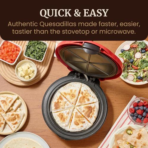 Elite Gourmet 10.65 Cheesy Quesadilla Maker, 2-Position Locking Latch, Red