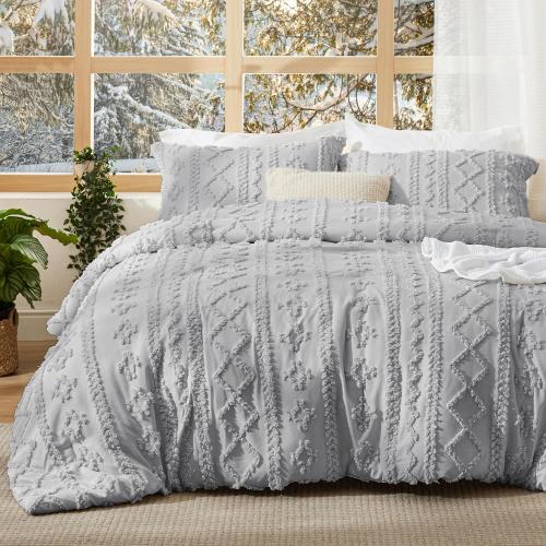 90X90 size Bedsure Tufted Boho Comforter Set90x90 Size - Light Grey Boho Bed Set, GentleSoft™ 3 Pieces Farmhouse Shabby Chic Embroidery Bedding, Gifts for Woman, Soft Jacquard King Comforter for All Seasons