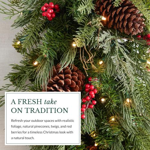 Balsam Hill Outdoor Red Berry Pine Christmas Garland - Fresh Traditional Greenery Garland with Natural Elements & Battery-Operated LED Clear Lights for Indoor and Outdoor Holiday Decorating, 6'
