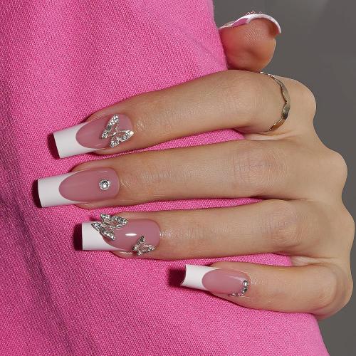 Canvalite French Tip Press on Nails - 300Pcs Pre-Colored Quick and Easy Press on Nails Long Square Fake Nails with Designs DIY Gel Nail Tips, Pink White