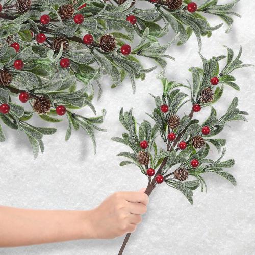 6 Pcs Christmas Artificial Mistletoe Picks 17.3 Inch Fake Mistletoe Decoration Branches with Berries Pinecones Ornaments DIY Crafts for Xmas Tree Wreath Holiday Decor(Red Berry)
