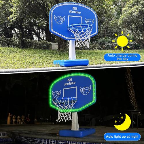 Blue LED Pool Basketball Hoop Poolside, Large Solar Powered Basketball Hoop for Pool, Swimming Pool Basketball Game Toys with Lengthen Sturdy Base for Kids Adults, Includes 2 Balls and Pump