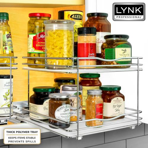 LYNK PROFESSIONAL® Pull Out Spice Organization for Cabinets - 10-3/8 inch Wide – Spice Rack for Inside Cabinets, Slide Out Spice Rack Organizer for cabinet – Pull Out Spice Rack, Sliding 2 Tier Chrome