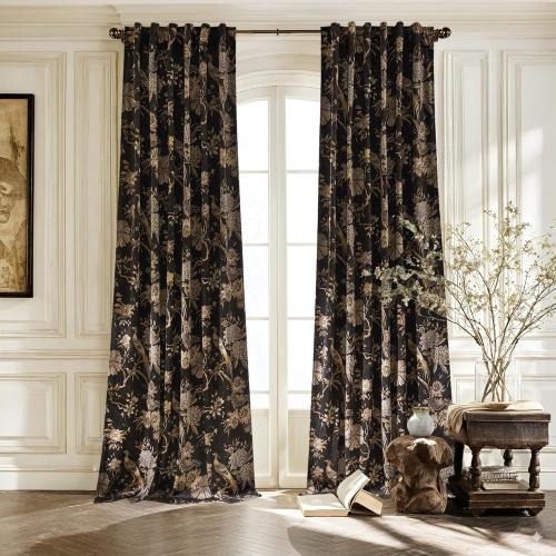 RYB HOME Brown Velvet Curtains Large, Printed Floral Bird Vintage Design Home Decoration Thermal Insulated Room Darkening Drapes for Bedroom Living Room, , 2 Panels