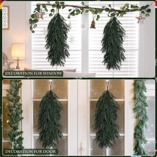 2 Pcs Christmas Swag - 27 Inch Teardrop Swag with Artificial Pine Needles Greenery Swags for Xmas Front Door Staircase Window Wall Mantel Decor - Dark Green