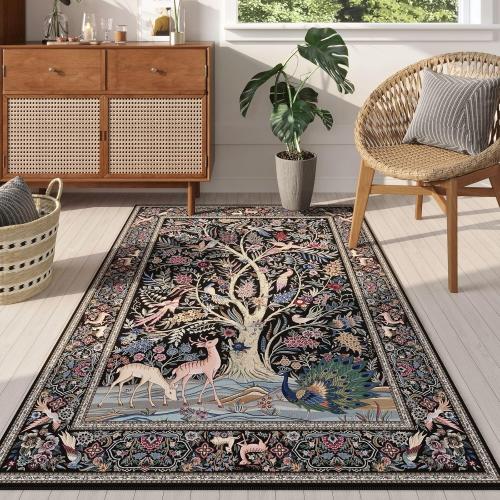 Vibrant Tree of Life-Patterned Vintage Washable Rugs Non Slip Low Pile Small Carpet for Bedroom Bedside Kids Room Office Dining Room, Black