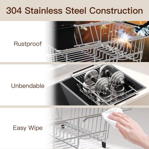 Over the Sink Expandable Dish Drainer Drying Rack In Stainless Steel for Small Kitchen, Counter Space Saving Modern Compact Metal Above Plate Dryer Strainer, Adjustable Hanging Inside Drain Holder