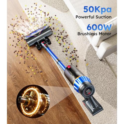 Cordless Vacuum Cleaner,Upgraded 600W 50KPA 70 Mins Vacuum Cleaners for Home,Self-Standing with Stick Vacuum,Touch Screen, Anti-tangle,Rechargeable,Lightweight, Vacuum for Pet Hair Carpets Hard Floors