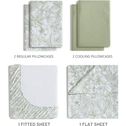 Caribbean Joe 6-Piece Sheet Set with Cooling Pillowcases, 12-inch Deep Pockets, Tropical Beach Coastal Design, KING Tropical Toile Green