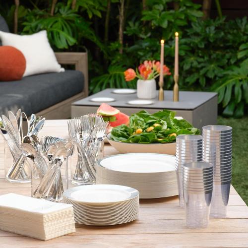 By Madee Heavyweight Elegant Disposable Dinnerware Set - Silver Fancy Plastic Dinnerware Sets with Plates, Cutlery, Napkins - Disposable Party Plates for Wedding, Baby Shower - 400 Pcs (50 Guests)