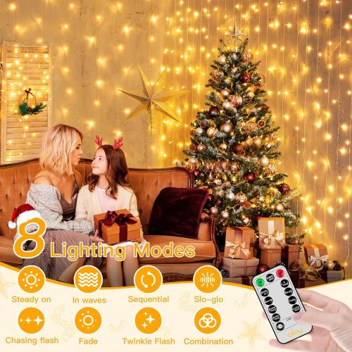 Ollny Curtain Lights 6.6x6.6ft, 200 LED String Lights with Remote 8 Modes Dimmable Timer, USB Power Fairy Light for Bedroom Backdrop Indoor Wall Window Christmas Decorations, Warm White