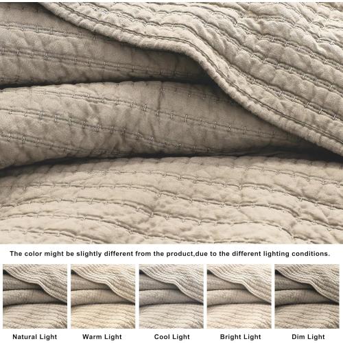 100% Cotton  - Beige Neutral Striped Pick Stitch Soft Lightweight Bedspread, Textured Like Linen, Farmhouse Country Rustic Coverlet, Shabby Chic Gauze Bedding