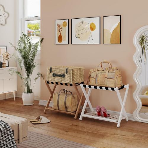 Luggage Rack, Foldable Suitcase Stand with Storage Shelf and 5 Heavy-Duty Straps, Bamboo Luggage Holders for Guest Room, Bedroom and Hotel - Natural