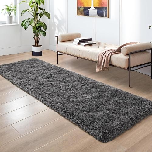 Fluffy Runner Rugs for Bedroom Aesthetic 2x6 Shag Soft Bedside Rug | Fuzzy Plush Carpet for Room Hallway Rug with Non-Slip Bottom for Nursery Dorm Indoor Home Decor, Dark Grey