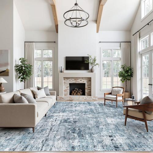 10x14 Area Rugs for Living Room, Non Slip Machine Washable Vintage Rugs, Low Pile Lightweight Large Rug for Bedroom, Dining Room, Home Office Blue