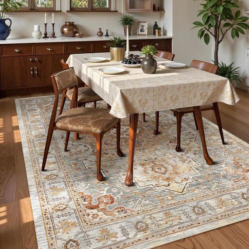 Washable Area Rug 9' x 12' Vintage Traditional Persian Mat - Foldable Distressed Non-Slip Machine Washable Carpet for Living Room Bedroom Kitchen Home Decor - Dove Gray and Coral