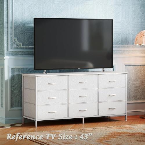 Color grey Huuger 9 Drawer Dresser, 47 Inch TV Stand for 50, 55 Inch TV, Entertainment Center with Drawers, Fabric Dresser Chest of Drawer for Bedroom, Closet, PU Leather Surface, White