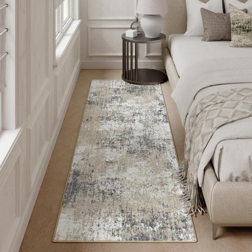 Washable Brown Runner Rug 2x6 Modern Abstract Hallway Carpet Neutral Soft Long Kitchen Runner Low Pile Non Slip Indoor Throw Rug for Entryway Bathroom Bedroom Laundry Living Room