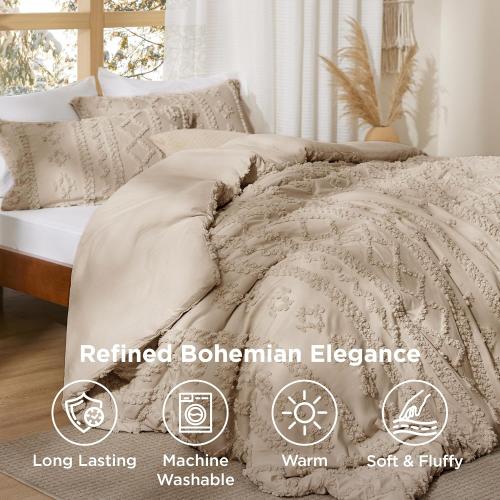 Bedsure Tufted Boho Comforter Set Queen Size - Khaki Boho Bed Set, GentleSoft™ 3 Pieces Farmhouse Shabby Chic Embroidery Bedding, Gifts for Woman, Soft Jacquard Queen Comforter for All Seasons