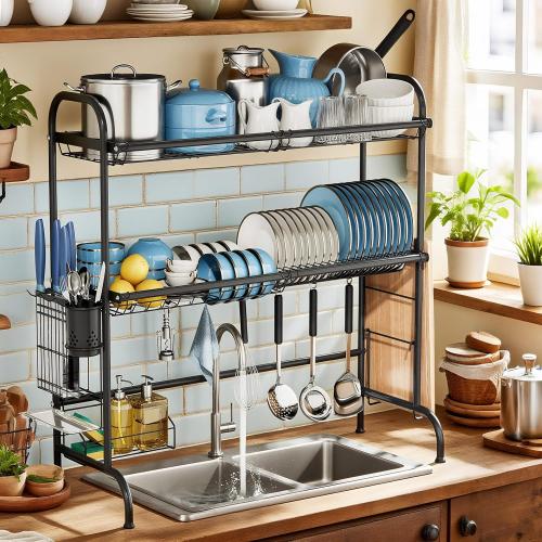32.3 - 33.9(L) x 11.4(W) x 32.3(H) Black MOUKABAL Dish Drying Rack - Stainless Steel Over The Sink Dish Drying Rack (Expandable Length), 2 Tier Large Dish Rack with Utensil Holder, 32.3 - 33.9(L) x 11.4(W) x 32.3(H) Black