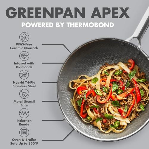 GreenPan Hybrid 11” Nonstick Stainless Steel Wok Pan, APEX Tri-Ply Thermobond PFAS-Free Ceramic NO LID MISSING LID