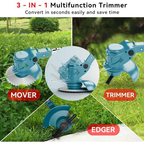 Electric Weed Wacker with 21V High-Power Motor, 3-in-1 Blades & Adjustable Telescopic Pole – Cordless Grass Trimmer with Wheels & Debris Shield String-Trimmers