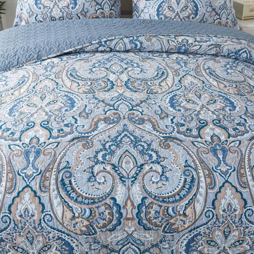 Blue and Brown Cotton Bedspread Quilt Sets-Reversible Patchwork Coverlet Set, Floral Pattern