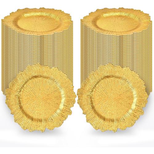 Gold Charger Plates Bulk 100Pcs - 13 Elegant Gold Chargers for Dinner Plates, Wedding & Event Decorative Charger Plates Set