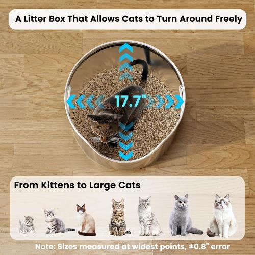 Stainless Steel Litter Box Metal with Integrated Round for XL/XXL Big and Multi Cats, 12 High Wall High Side, Odor Control, Easy to Clean, Durable, Includes Stainless Steel Scoop
