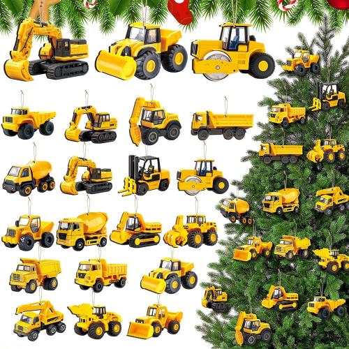 Pinkunn 36 Pcs Christmas Vehicle Wood Ornaments Set Construction, Monster, Fire, Army, Police Car Transportation Hanging Ornaments Gifts for Tree Decor