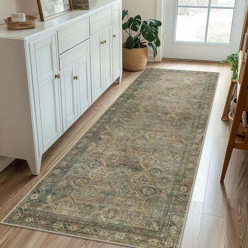 GENIMO Runner Rug 2x5, Non Slip Vintage Hallway Runner Rugs, Low Pile Lightweight Machine Washable Mat for Hallway, Entryway, Bedroom, Kitchen and Corridor, Blue Blush