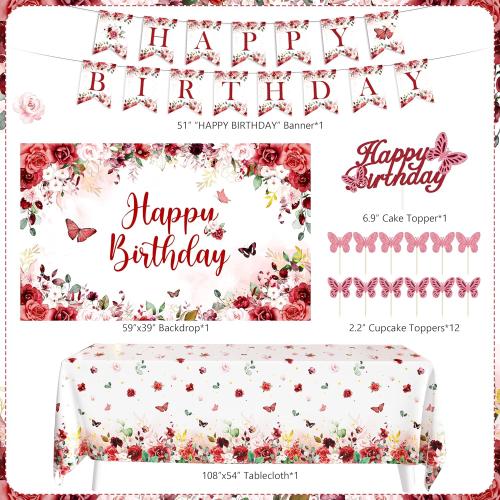 Birthday Decorations Party Pack for Women Girls Burgundy Birthday Party Supplies for Her Red Flower Backdrop Burgundy Rose Gold Balloon Arch Kit Banner Floral Tablecloth Butterfly Cupcake Toppers