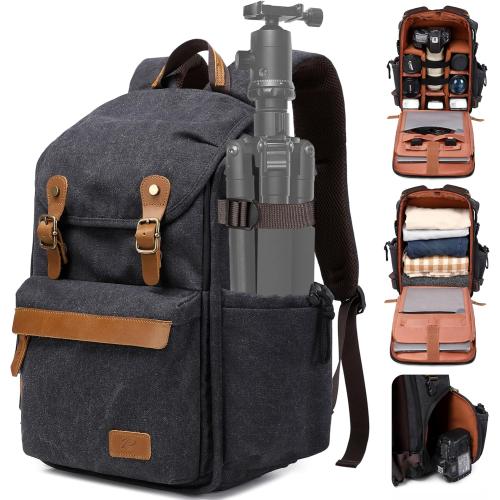 Padwa Lifestyle Black Camera Backpack - Weather Resistant Canvas Camera Bag for Photographers with Multi Compartments&Tripod Holder,Great Gift for Camera Backpacks,Drone bag and Travel bag