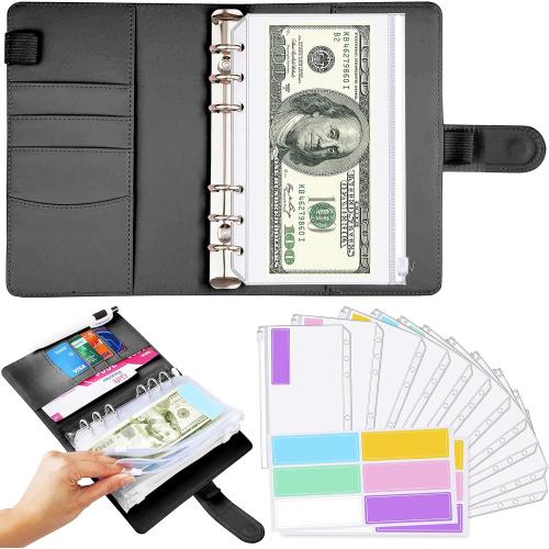 Black A6 Binder & 12 Clear Envelopes, Budget with Cash Envelopes, Mini Cash Envelope Wallet, Small Budget Planner, Envelope Binder for Organizing Personal Budgeting Efforts