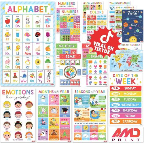 BEAWART 18 Laminated Educational Posters For Toddlers, Preschool Posters for Classroom, Kindergarten Wall Decor, PreK Learning Materials Alphabet Number Chart | Laminated Preschool Learning Charts for Kindergarten Wall Decor, PreK Learning Materials Alphabet Number Chart