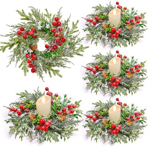 [Snowy] 4 Pcs Christmas Candle Rings Wreaths, Mini Wreaths - 9x3.5 Real Touch Cedar Wreath with Cypress Snowy Pinecones & Red Berry Christmas Candle Ring Holder for Home Table Centerpiece Decor