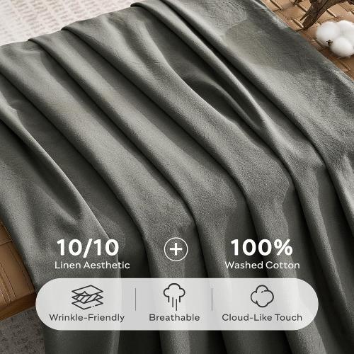 100% Washed Cotton Pillowcases, King, Button Closure