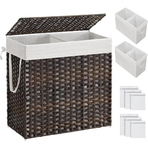 SONGMICS Laundry Hamper with Lid, 130L Clothes Hamper with 2 Removable Liner Bags and 6 Mesh Bags, Wicker Laundry Basket, Double Laundry Hamper for Bathroom, 13 x 26 x 23.6 Inches, Brown ULCB253K01