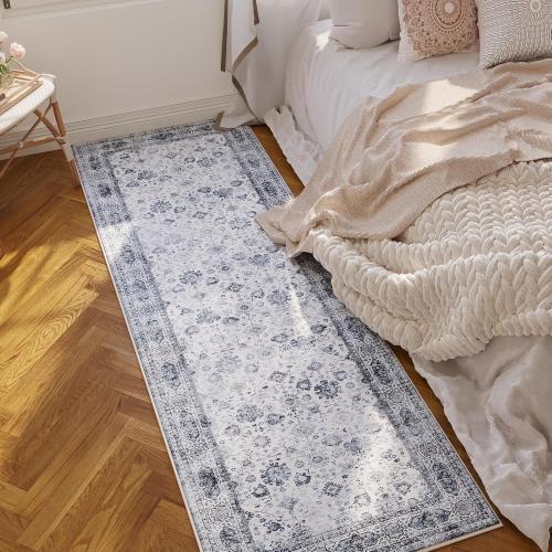 Rugcomf Runner Rug Small Hallway Washable Boho Soft Area Rug Non-Slip Faux Wool Vintage for Kitchen, Entryway, Laundry, Bedroom, Indoor (Grey and White)