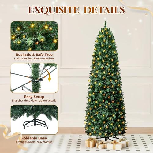 HOLLO STAR 6 ft Prelit Christmas Tree with 247 LED Lights, App Control, Artificial Pencil Christmas Tree with Multi-Color RGBW Lights, 715 Branch Tips, Skinny Xmas Tree, Metal Base, for Home, Party