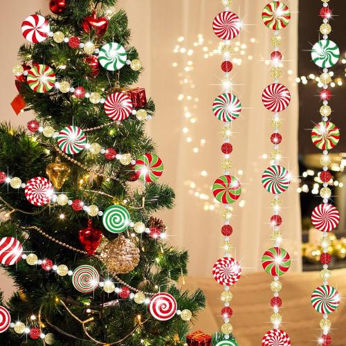 Zhanmai 16.5ft Christmas Candy Cane Garlands Xmas Peppermint Garland Ornaments for Tree Glitter Holiday Tree Garland for Christmas Wreaths Home Fireplace Decorations(Round)
