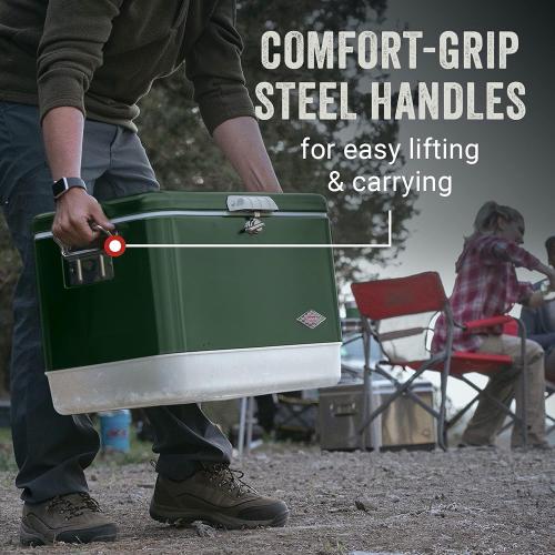 Coleman Vintage 54qt Steel Belted Cooler, Keeps Ice Up to 4 Days, 85-Can Capacity Hard Cooler with Drain & Have-A-Seat Lid has a few dents on lid and front