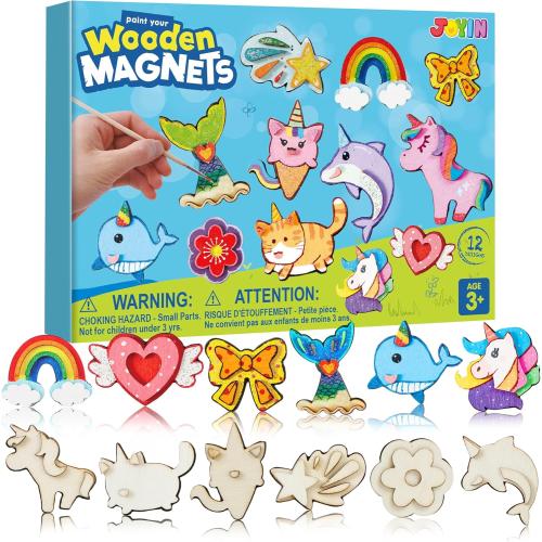 JOYIN 12 pcs Fantasy Wooden Magnets, Kids Unicorn Painting Craft, Spring and Rainy Day Activities School Art Projects, Toys for Kids Aged 3  Birthday Easter
