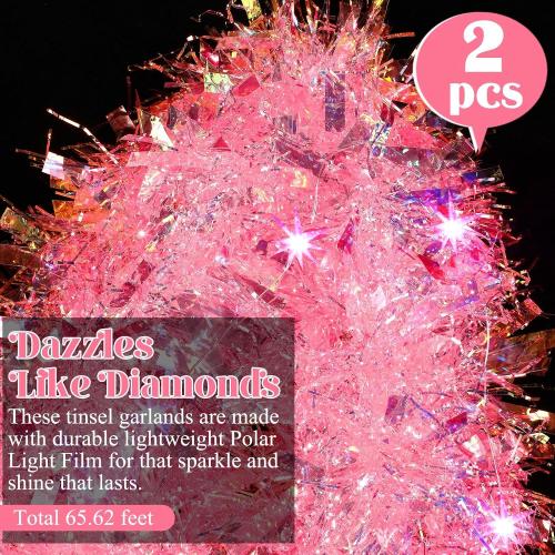 2 Pcs 32.8ft Christmas Tinsel Garland Decoration for Tree, Pink
