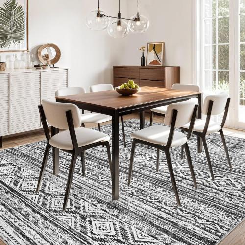 5x7 Area Rug for Living Room, Washable Non-Slip Large Area Rug, Indoor Floor Carpet Low Pile Soft Boho Farmhouse Rug for Bedroom Dining Room （White/Black，5x7）
