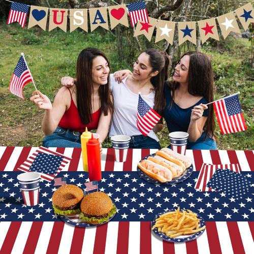 OHOME Fourth of July Decorations - Serve 24 - Patriotic Plates Tablecloth Napkins Cups Banner | 4th of July Accessories for Home Outdoor Memorial Day | America 250th Merchandise Anniversary