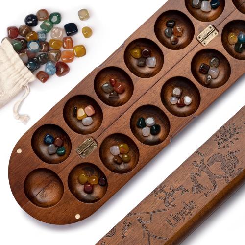 Deluxe Mancala Set: Real Wood Hinged Board with 48 Natural Multicolor Stones - Authentic African Petroglyphs, Foldable Design for 2-Player Strategy Game