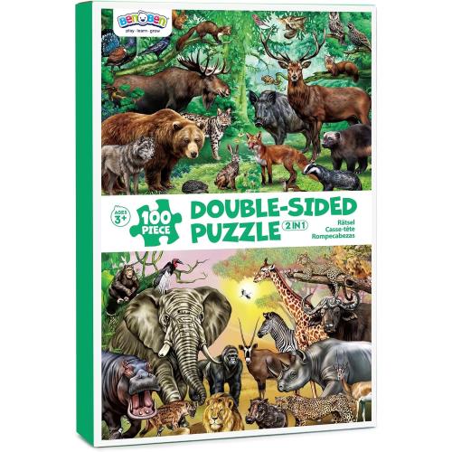 100 Pc BenBen Puzzles for Kids Ages 4-6, Double Sided 100 Piece Puzzles for Kids, 2 in 1 Puzzle, Wild Animals, Learning Educational Jigsaw Puzzles Toys for Boys Girls (15.75” x 11.75”)